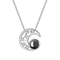 Silver crescent moon projection necklace with black stone and white zircon stones - Star & Moon Silver