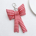 Cute red and white checkered fabric bow keychain with silver metal lobster clasp and ring - Red Plaid