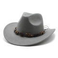 Detail of grey felt cowboy hat with vintage brown wooden bead band and circular ornament - M (56-58cm) / Gray