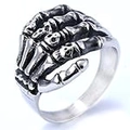Macro detail of vintage punk skeleton hand bone ring in antique silver finish with open band - 06308 / US Size 8