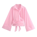 Chemisier rose en popeline pour femme avec col à revers, boutons dorés et lien à la taille - Rose
