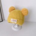 Cute yellow knitted baby winter hat featuring two fluffy pom-poms and cartoon bear patch - 6 Months - 3 Years (33-52cm) / Yellow (Dual Pom Poms)