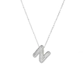 Detail of silver bubble letter N pendant with white cubic zirconia pavé on chain - Letter N