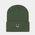 Close-up of olive green ribbed beanie featuring white minimalist smiley face embroidery - Army Green