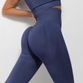Navy blue seamless high waist yoga set with push-up leggings and mesh knit details - Dark Blue