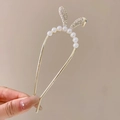 Golden U-shaped hair pin featuring elegant pearl and rhinestone rabbit ear design - 184# Gold Rabbit Ear Pearl Hairpin