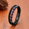 Double-layer braided leather bracelet with purple natural stone beads and magnetic clasp - 19cm / Purple/Black Magnetic Buckle