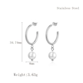 Silver stainless steel C-shaped earrings with 8mm white pearls and stud closures - Silver (LE3060)