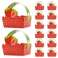 Red strawberry patterned paper gift baskets with green leaf handles in a twelve-pack set - Strawberry