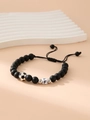 Matte black beaded bracelet with silver football bead and letter F charm on woven cord - Letter F