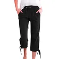 Detail of black cotton linen pants featuring elastic drawstring waist and bow-tied leg cuffs - S / Black