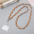 Detail of woven brown and beige crossbody phone strap with metal clasp and clear card - 10mm Width / Brown + Khaki