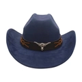 Dark blue suede western cowboy hat with brown leather band and silver bull head emblem - Navy Blue (Silver Bull Head)