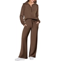 Tuta casual da donna marrone scuro con felpa a mezza zip e pantaloni a gamba larga - Taglia S / Top E Pantaloni / Marrone