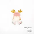 Christmas wooden skiing Santa ornament with pink fuzzy hat and white fur beard, 12x9cm size - Skiing Santa Gnome 1PC