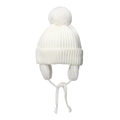White knitted children's winter hat with fluffy pom-pom and warm ear flaps for kids - White