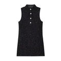 Mouwenloze zwarte mini-jurk van pailletten tweed met opstaande kraag en zilveren knopen - XS / Zwart