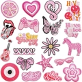 Pink embroidery patches set featuring snake, butterfly and heart for bag and denim jackets - Pink Series Pattern Patches