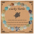 Amazonite stone turtle bracelet with 8mm natural beads on a lucky gift card - Amazonite