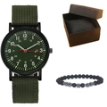 Close-up of men's military quartz watch with green canvas strap and matte bead bracelet - Watch + Bracelet + Gift Box / Green