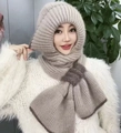 Knitted beige hooded scarf with thick yarn and dark brown trim for winter warmth - Color Block Style / Oatmeal