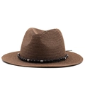 Dettaglio cappello fedora in paglia marrone scuro con fascia etnica di perline in legno - M (56-58cm) / Marrone