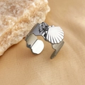 Adjustable silver stainless steel wide ring with detailed shell pendant and wavy edges - Shell Pendant / Silver