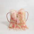 Pink and beige faux fur crossbody bag with pink leather handle and gold metal lock - Pink