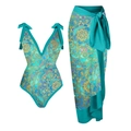 Dreiteiliges Bikini-Set mit Türkis-Mandala-Print und passendem Wickelrock mit Schnürung - S / Oberteil Und Unterteil / Seeblaues Totem