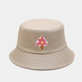 Close-up of pink mushroom embroidery detail on beige canvas bucket hat - M (56-58cm) / Cute Mushroom Khaki