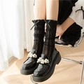 Japanese style black lace mid-calf socks with bows and black pearl loafers for women - One Size / Black (Short Style)