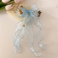 Light blue organza bow hair clip with colorful crochet flowers and long ribbons - Blue Long Streamer Bow (F8109-5)