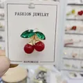 Cute cherry stud earring with red beads and green crystal leaves on golden alloy - Style 8 Red Cherry