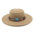Detailed shot of bohemian felt hat with turquoise stone and vintage woven band decoration - M (56-58cm) / Khaki