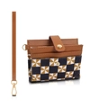 Brown leather card holder with geometric windmill pattern and RFID protection - Brown and Black