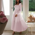 Pink long sleeve tiered cake dress with square neckline for casual vacation wear - S / Pink