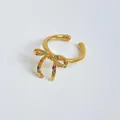 Golden bow-shaped open ring with colorful pink, blue, and green crystals in hip-hop style - Gold Plated Colorful Zirconia Bow Open Ring (B566)