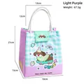 Lavender and mint plaid cartoon dog insulated lunch bag with white cotton rope handles - Light Purple