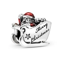 Silver Santa on sleigh bead charm with red enamel and Merry Christmas engraving - Santa Claus Sleigh (Merry Christmas Engraving)