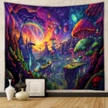 Detailed view of large psychedelic mushroom tapestry hanging on a minimalist home wall - GT230310-Trippy Landscape