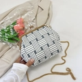 Detail of hand-held shell bag with woven texture and gold chain in a lifestyle setting - Horizontal Style / Black