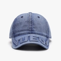 Vintage washed blue denim baseball cap featuring 3D embroidered YUEQI lettering - Blue Denim