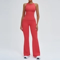 Ensemble de yoga côtelé corail avec débardeur dos nu et pantalon évasé à taille haute - S / Rouge Framboise (Col Rond)