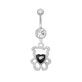 Silver belly button ring featuring a teddy bear pendant with a black heart-shaped stone - Silver Bear (Black Heart)