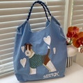 Bolso tote de nailon azul claro con bordado de fox terrier y asas de cuerda trenzada - Schnauzer Azul Claro