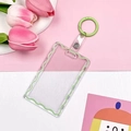 Transparent plastic card holder with green wavy border and matching spring ring clasp - With Keychain Accessories / Green