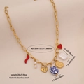 Collar dorado de acero inoxidable con colgantes de chile y perla y medidas del producto - Estilo Multi-Colgante Chile Rojo Cerámica (1#Cerámica)