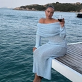 Light blue off-the-shoulder long sleeve maxi dress in textured knit fabric - XS / Light Blue