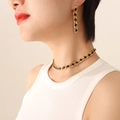 Golden choker necklace and earring set with square black zircons worn by a model - F640-Gold Color Black Zirconia Earrings