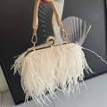 Elegante cremefarbene Feder-Abendtasche mit glitzerndem Strass-Ringverschluss und Kette - Champagner